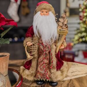 Red & Gold Porcelain Santa Christmas Tabletop Decor French Horn Cornucopia, 18"H